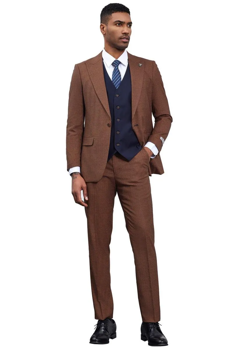 Men's Stacy Adams One Button Peak Lapel Vested Micro Check in Cognac Brown with a Navy Vest sold by Alberto Nardoni product image thumbnail 3