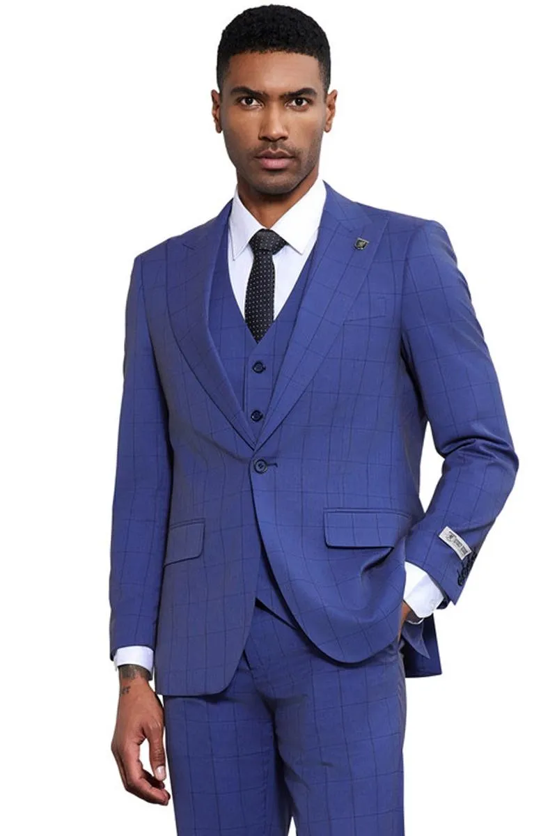 Men's Stacy Adams Modern Fit Vested Tonal Windowpane Plaid Suit in French Blue sold by Alberto Nardoni