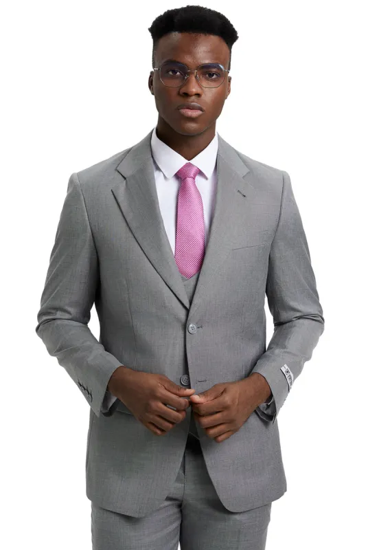 Men's Two Button Vested Stacy Adams Designer Sharkskin Suit in Light Grey sold by Alberto Nardoni