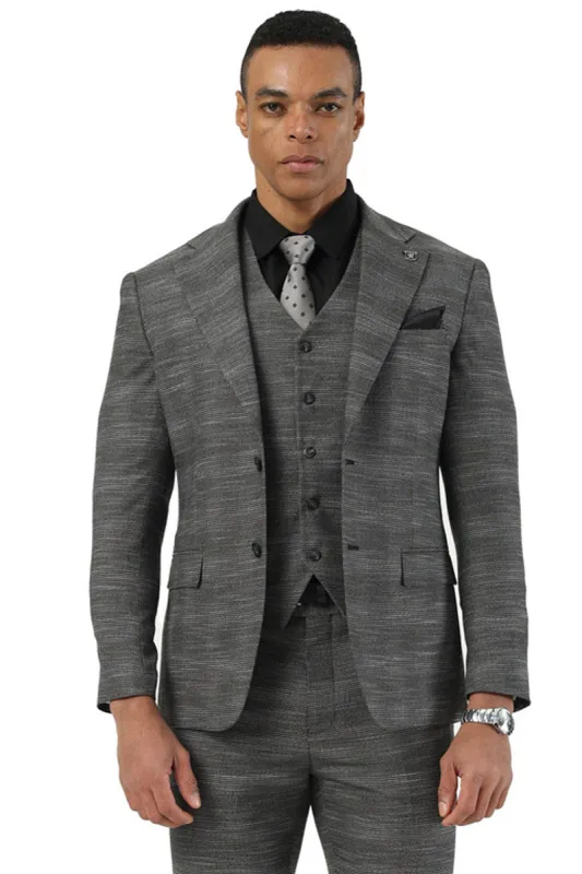 Men's Stacy Adams Vested Sharkskin Pattern Business Suit in Charcoal Grey sold by Alberto Nardoni
