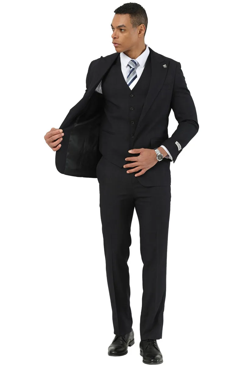 Men's Stacy Adams One Button Peak Lapel Vested Suit in Black Plaid sold by Alberto Nardoni product image thumbnail 2