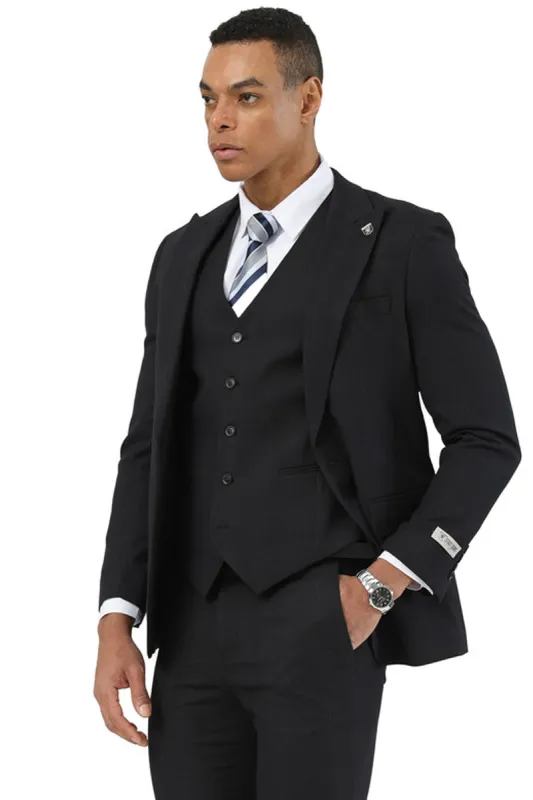 Men's Stacy Adams One Button Peak Lapel Vested Suit in Black Plaid sold by Alberto Nardoni