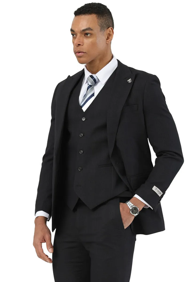 Men's Stacy Adams One Button Peak Lapel Vested Suit in Black Plaid sold by Alberto Nardoni