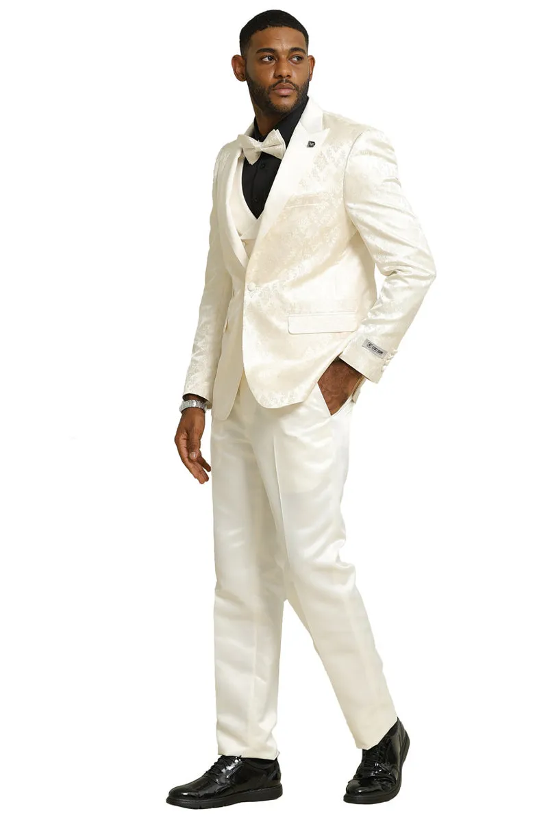 Men's Stacy Adams Shiny Brocade Wedding & Prom Tuxedo with Double Breasted Vest in Ivory sold by Alberto Nardoni product image thumbnail 3
