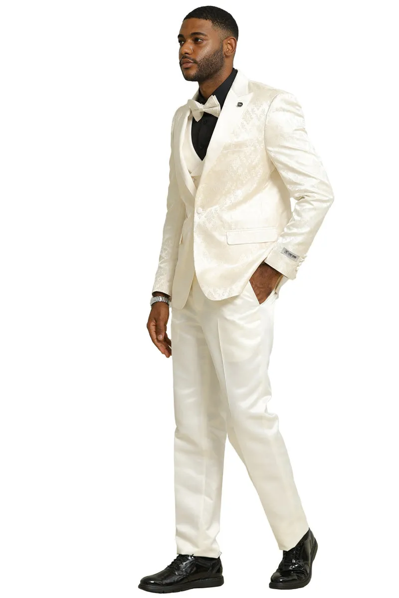 Men's Stacy Adams Shiny Brocade Wedding & Prom Tuxedo with Double Breasted Vest in Ivory sold by Alberto Nardoni product image thumbnail 4