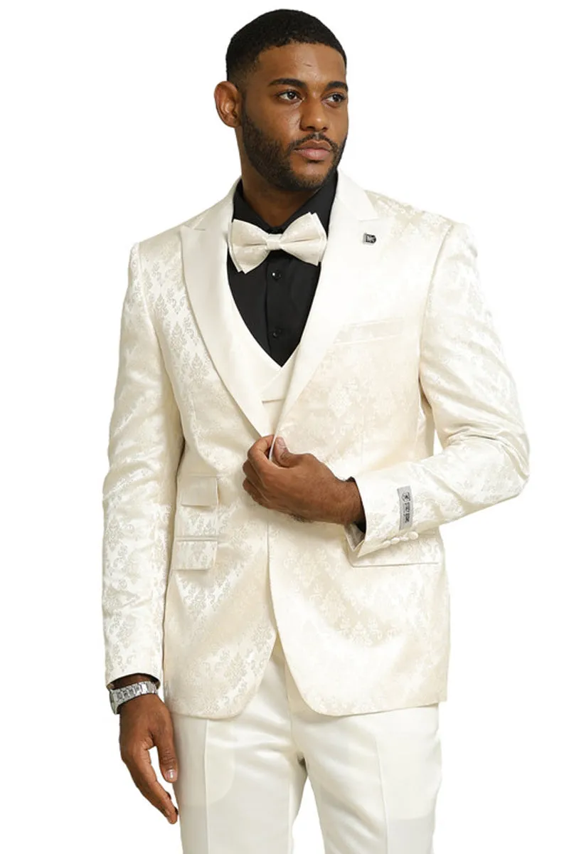 Men's Stacy Adams Shiny Brocade Wedding & Prom Tuxedo with Double Breasted Vest in Ivory sold by Alberto Nardoni
