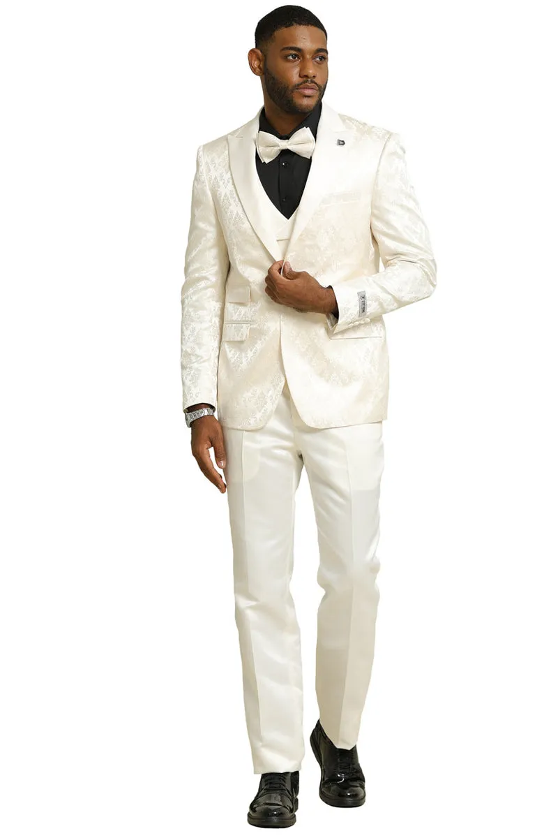 Men's Stacy Adams Shiny Brocade Wedding & Prom Tuxedo with Double Breasted Vest in Ivory sold by Alberto Nardoni product image thumbnail 2