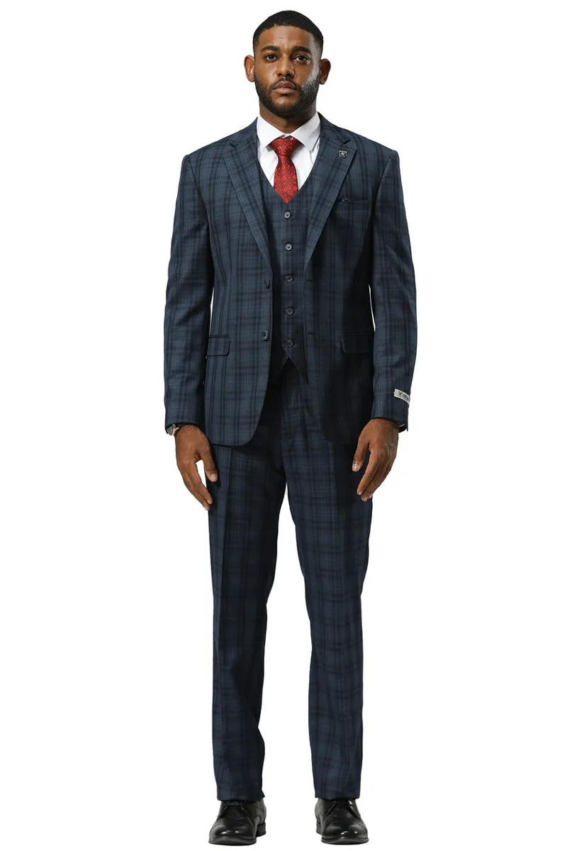 Men's Stacy Adams Modern Fit Vested Suit in Navy Blue Double Windowpane Plaid sold by Alberto Nardoni