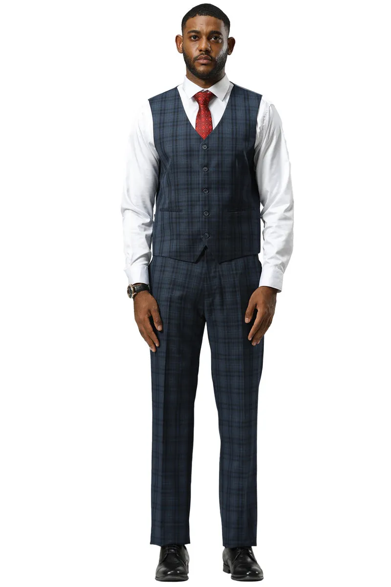 Men's Stacy Adams Modern Fit Vested Suit in Navy Blue Double Windowpane Plaid sold by Alberto Nardoni product image thumbnail 5