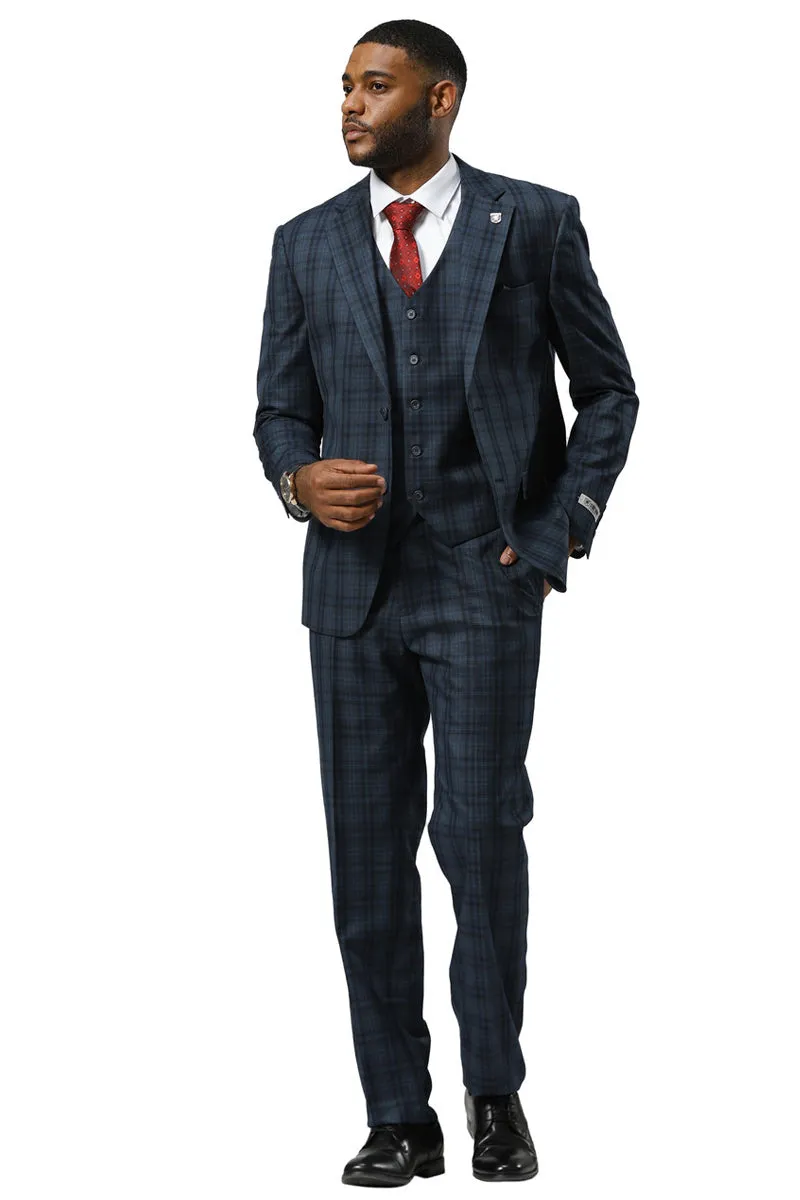 Men's Stacy Adams Modern Fit Vested Suit in Navy Blue Double Windowpane Plaid sold by Alberto Nardoni product image thumbnail 2