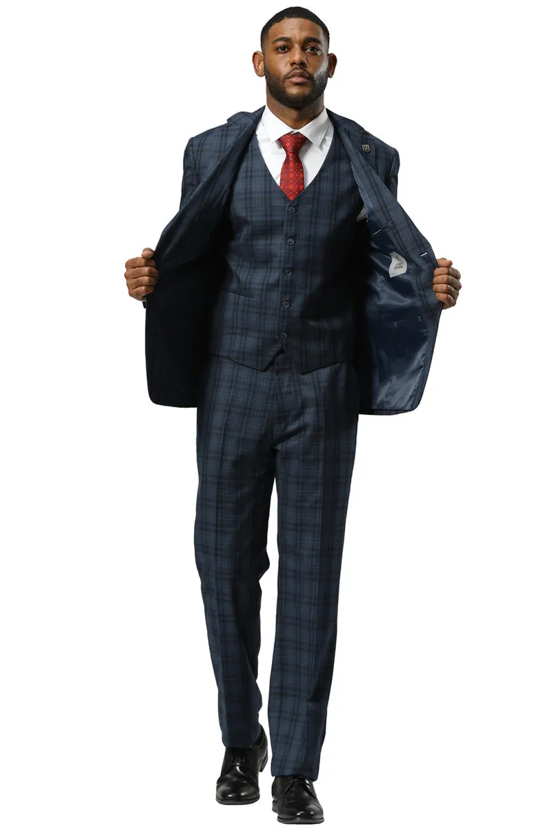 Men's Stacy Adams Modern Fit Vested Suit in Navy Blue Double Windowpane Plaid sold by Alberto Nardoni product image thumbnail 3