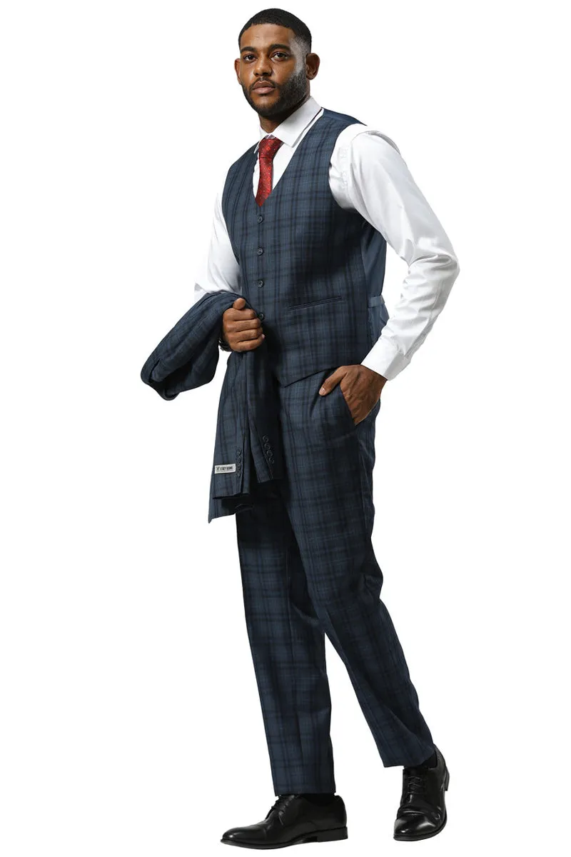 Men's Stacy Adams Modern Fit Vested Suit in Navy Blue Double Windowpane Plaid sold by Alberto Nardoni product image thumbnail 4