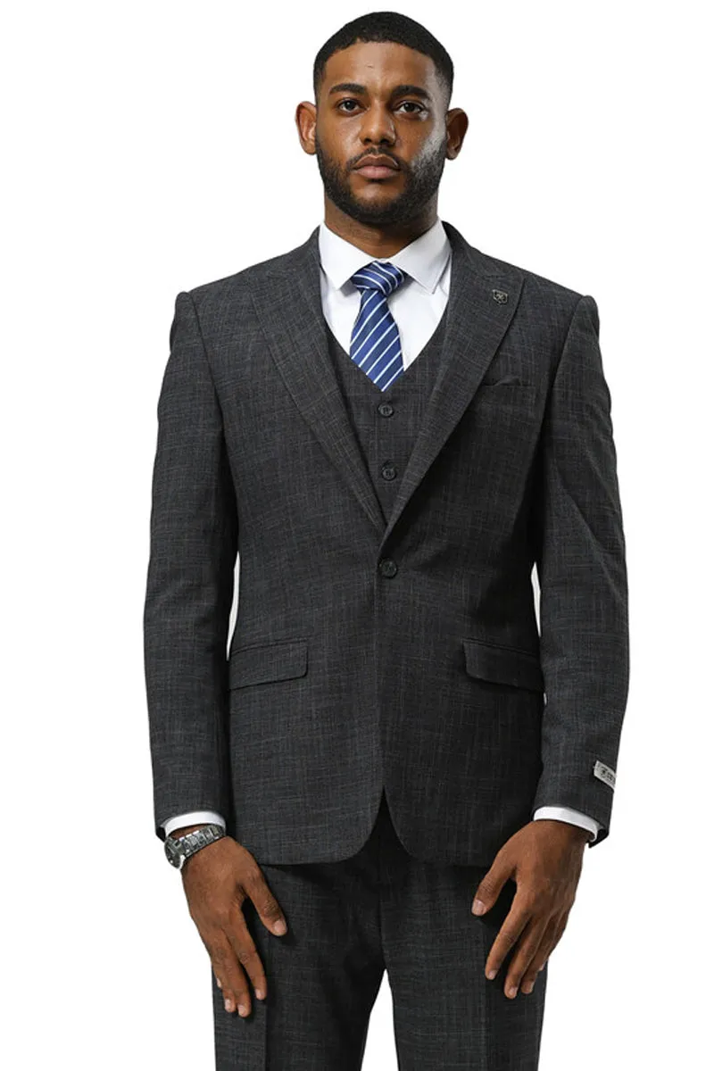 Men's Stacy Adams One Button Peak Lapel Vested Sharkskin Suit in Charcoal sold by Alberto Nardoni