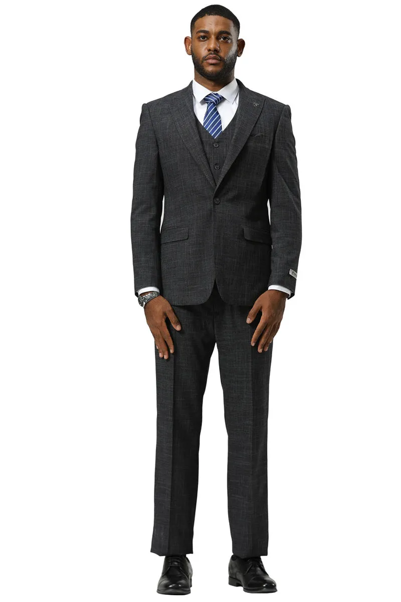 Men's Stacy Adams One Button Peak Lapel Vested Sharkskin Suit in Charcoal sold by Alberto Nardoni product image thumbnail 2