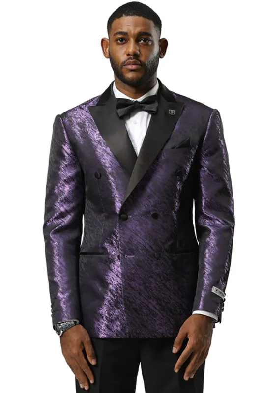 Men's Stacy Adams Double Breasted Wedding & Prom Tuxedo Jacket in Textured Shiny Purple Sharkskin made by Stacy Adams