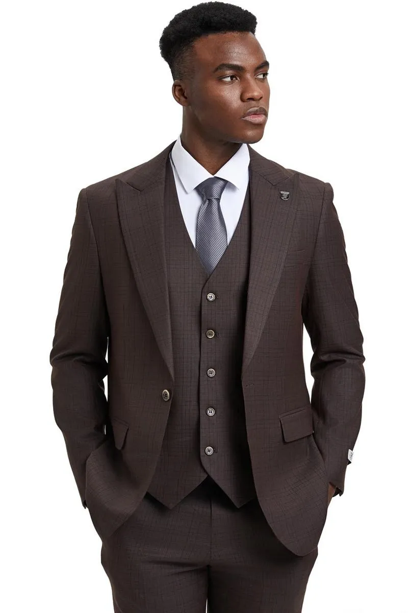 Men's Stacy Adams Vested One Button Wide Peak Lapel Windowpane Plaid Suit in Brown sold by Alberto Nardoni