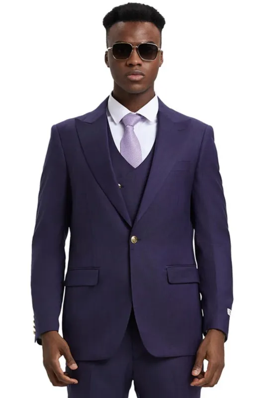 Men's Stacy Adams Vested One Button Side Peak Lapel Pinstripe Suit in Eggplant Purple sold by Alberto Nardoni