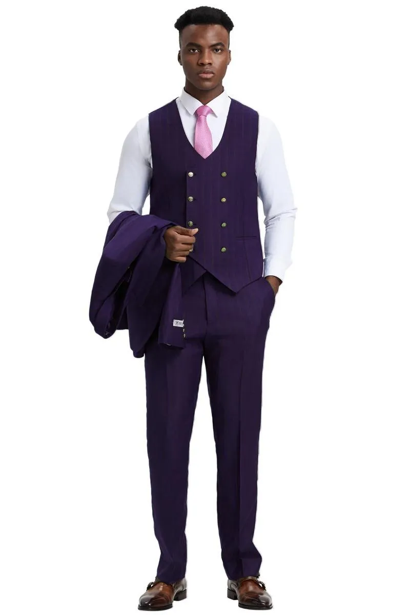 Men's Stacy Adams Vested One Button Side Peak Lapel Pinstripe Suit in Eggplant Purple sold by Alberto Nardoni product image thumbnail 3