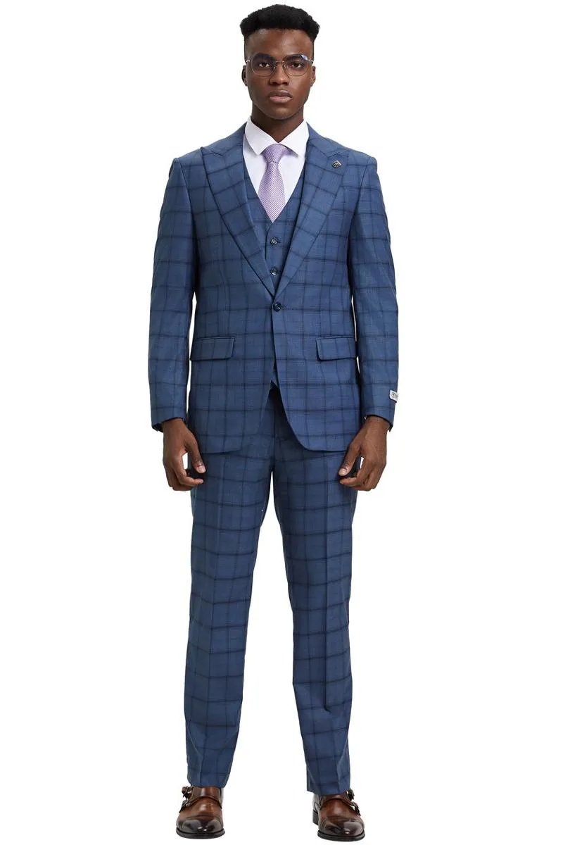 Men's Stacy Adams One Button Vested Suit in Midnight Blue Windowpane Plaid sold by Alberto Nardoni product image thumbnail 2