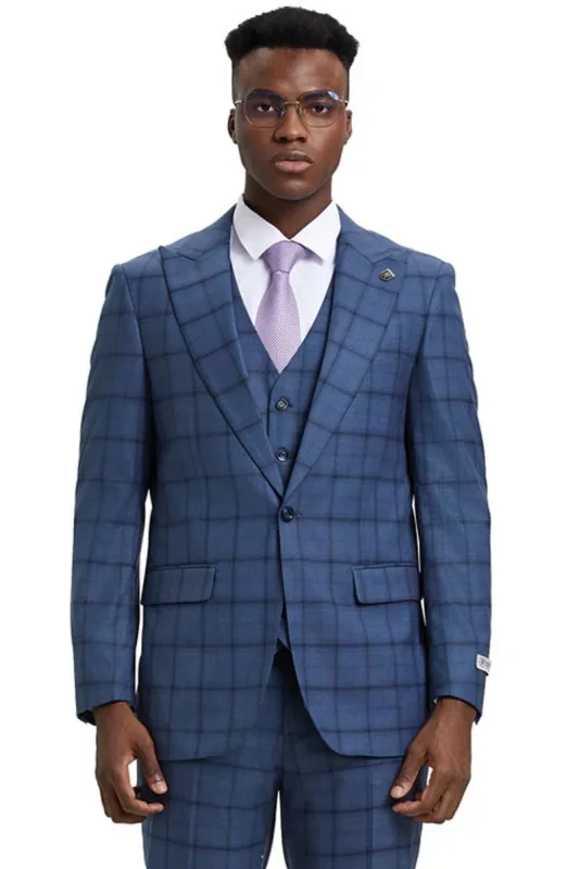 Men's Stacy Adams One Button Vested Suit in Midnight Blue Windowpane Plaid sold by Alberto Nardoni