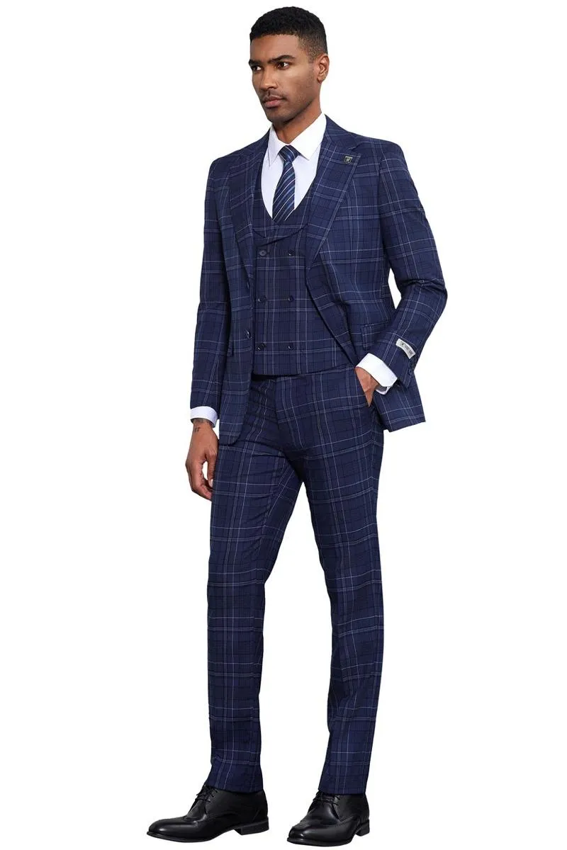 Men's Stacy Adams Vested Two Button Double Windowpane Plaid Suit in Navy sold by Alberto Nardoni product image thumbnail 3