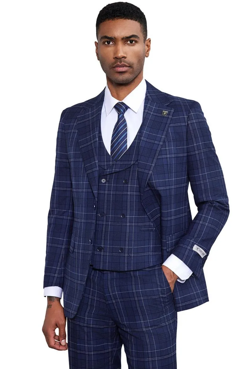 Men's Stacy Adams Vested Two Button Double Windowpane Plaid Suit in Navy sold by Alberto Nardoni product image thumbnail 4