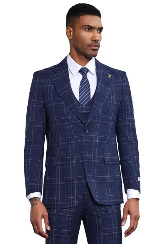 Men's Stacy Adams Vested Two Button Double Windowpane Plaid Suit in Navy sold by Alberto Nardoni