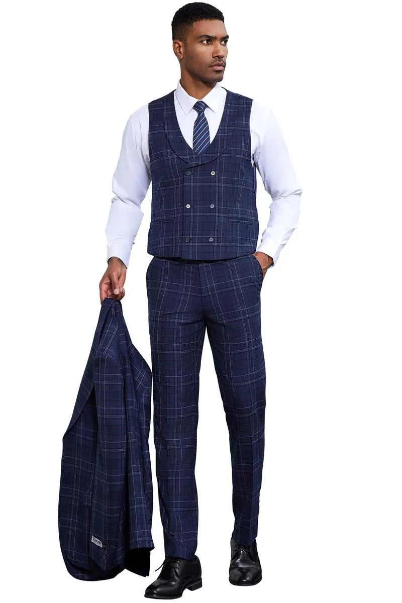 Men's Stacy Adams Vested Two Button Double Windowpane Plaid Suit in Navy sold by Alberto Nardoni product image thumbnail 5