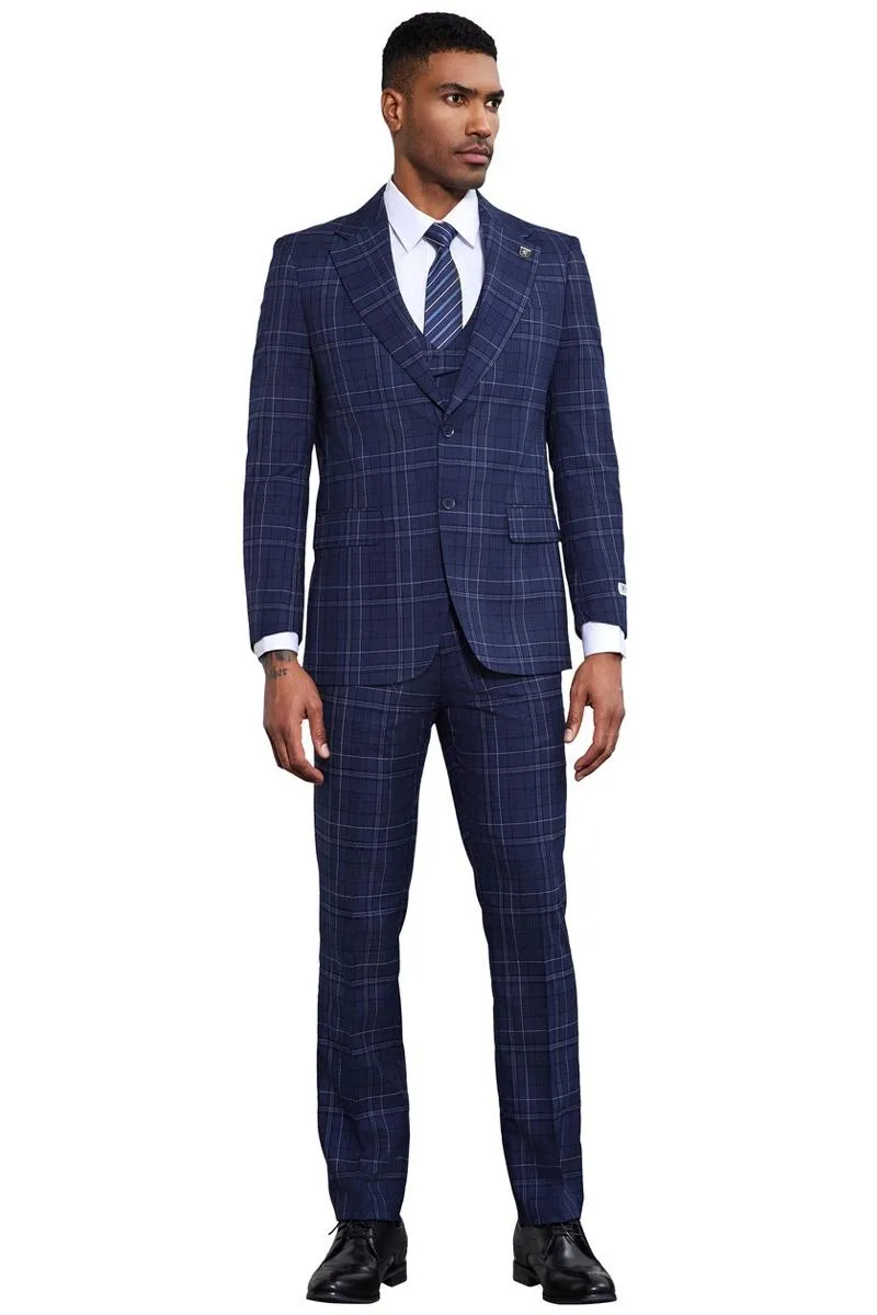 Men's Stacy Adams Vested Two Button Double Windowpane Plaid Suit in Navy sold by Alberto Nardoni product image thumbnail 2