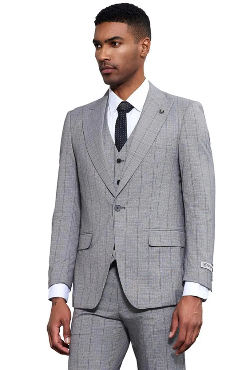 Men's Stacy Adams Modern Fit Vested Tonal Windowpane Plaid Suit in Light Grey sold by Alberto Nardoni