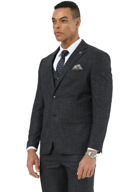Men's Designer Stacy Adams Vested Suit in Black Sharkskin Weave sold by Alberto Nardoni
