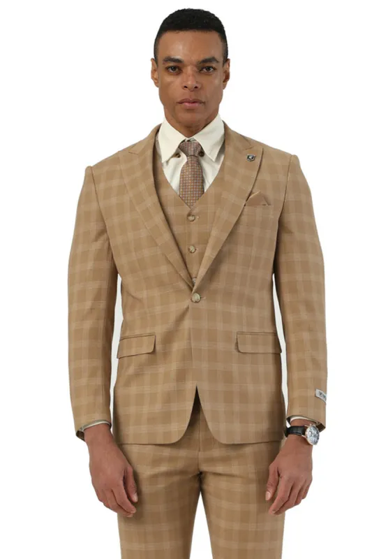 Men's Stacy Adams One Button Vested Peak Lapel Suit in Taupe Plaid sold by Alberto Nardoni