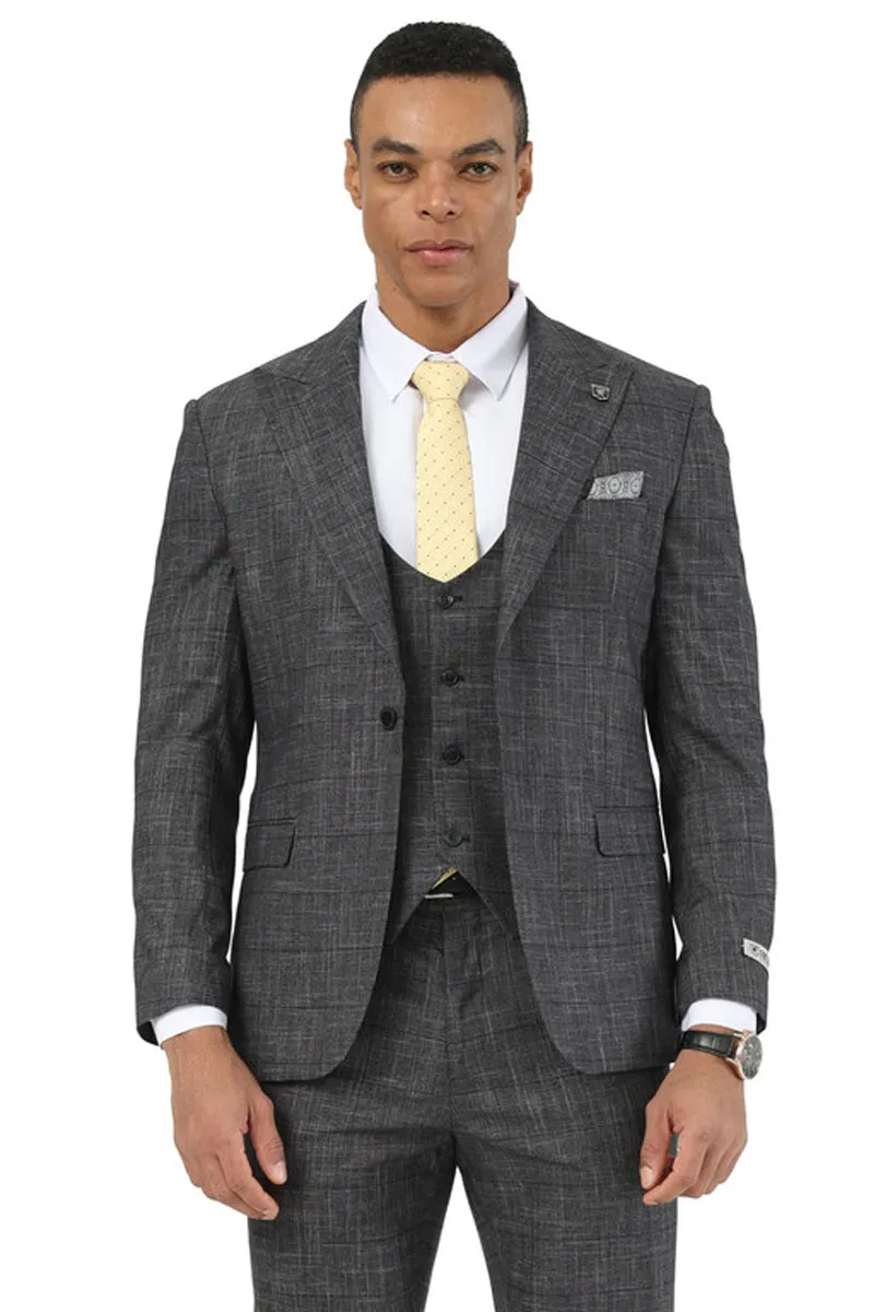 Men's Stacy Adams One Button Peak Lapel Vested Suit in Black Sharkskin Windowpane sold by Alberto Nardoni