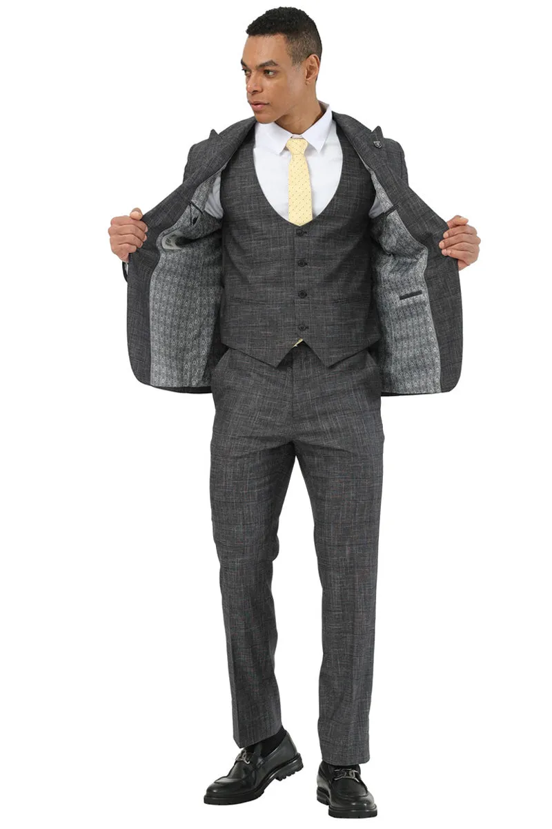 Men's Stacy Adams One Button Peak Lapel Vested Suit in Black Sharkskin Windowpane sold by Alberto Nardoni product image thumbnail 2