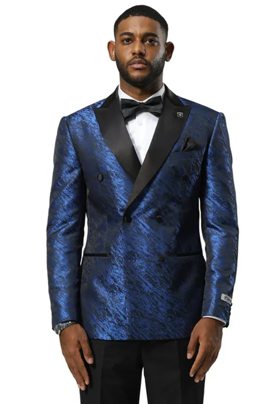 Men's Stacy Adams Double Breasted Wedding & Prom Tuxedo Jacket in Textured Shiny Royal Blue Sharkskin made by Stacy Adams