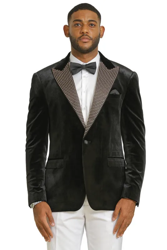 Men's Stacy Adams Velvet Wedding & Prom Tuxedo Jacket With Rhinestone sequin Adorned Lapel in Black made by Stacy Adams