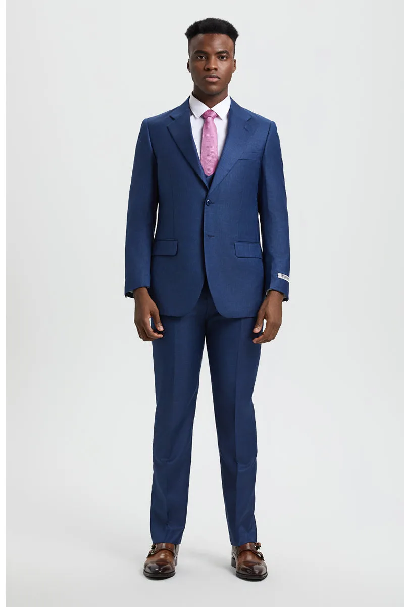 Men's Two Button Vested Stacy Adams Designer Sharkskin Suit in Blue sold by Alberto Nardoni product image thumbnail 3