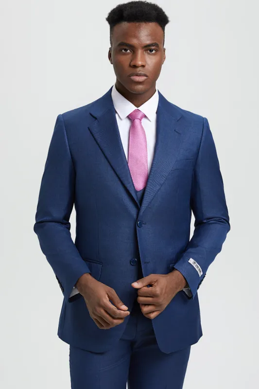 Men's Two Button Vested Stacy Adams Designer Sharkskin Suit in Blue sold by Alberto Nardoni