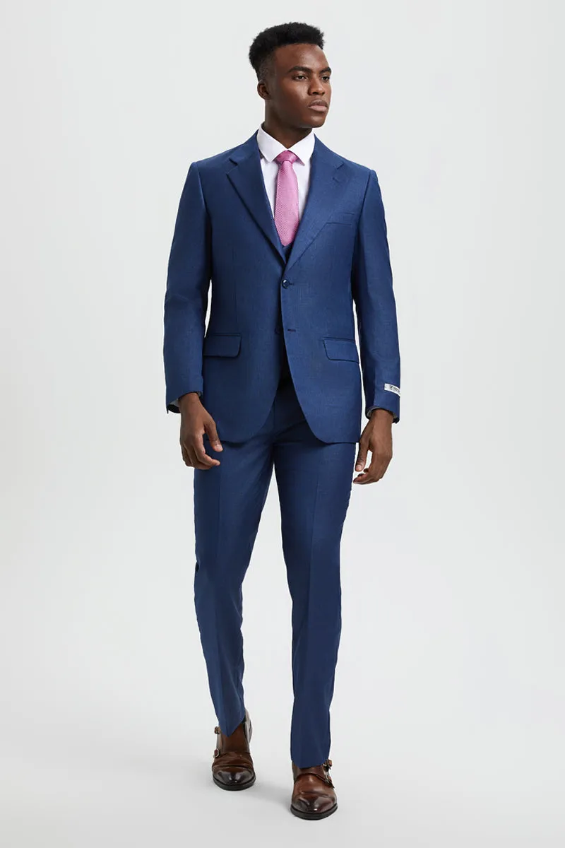 Men's Two Button Vested Stacy Adams Designer Sharkskin Suit in Blue sold by Alberto Nardoni product image thumbnail 5