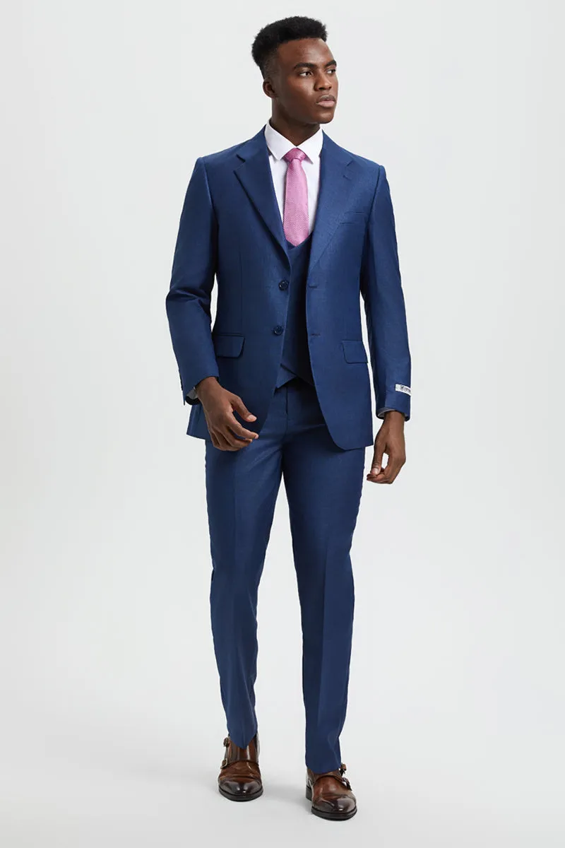 Men's Two Button Vested Stacy Adams Designer Sharkskin Suit in Blue sold by Alberto Nardoni product image thumbnail 2