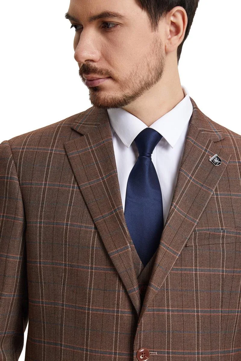Men's Stacy Adams Vested Modern Fit Windowpane Plaid Suit in Light Brown sold by Alberto Nardoni product image thumbnail 4