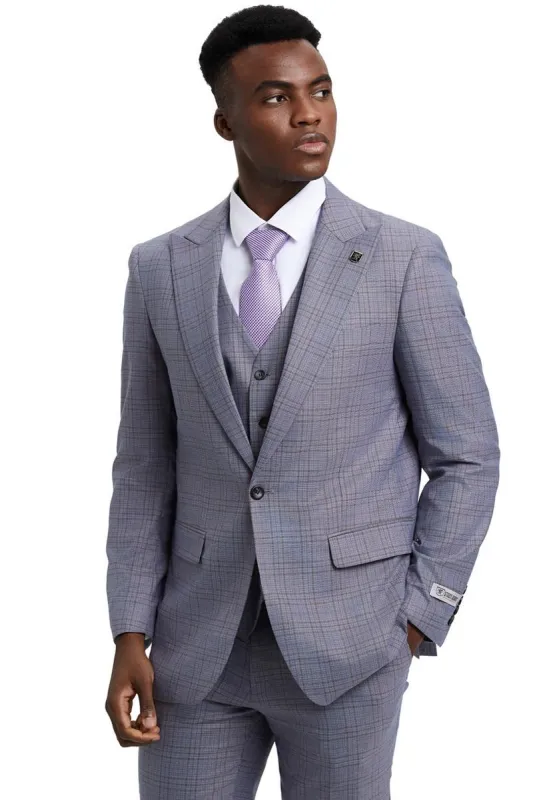 Men's Stacy Adams Vested One Button Wide Peak Lapel Windowpane Plaid Suit in Light Grey sold by Alberto Nardoni