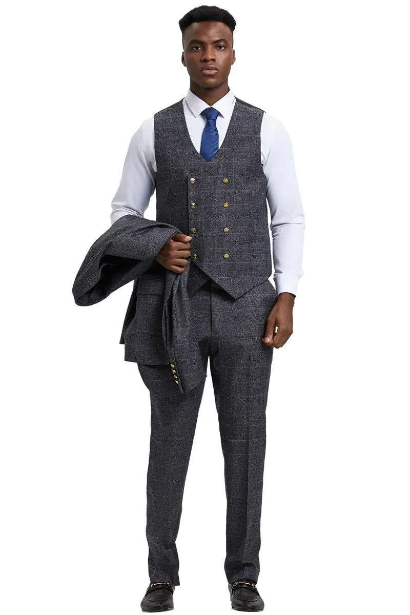 Men's Stacy Adams Peak Lapel Suit with Double Breasted Vest in Charcoal Grey Windowpane Plaid sold by Alberto Nardoni product image thumbnail 4