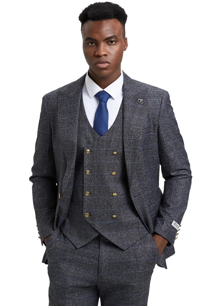 Men's Stacy Adams Peak Lapel Suit with Double Breasted Vest in Charcoal Grey Windowpane Plaid sold by Alberto Nardoni