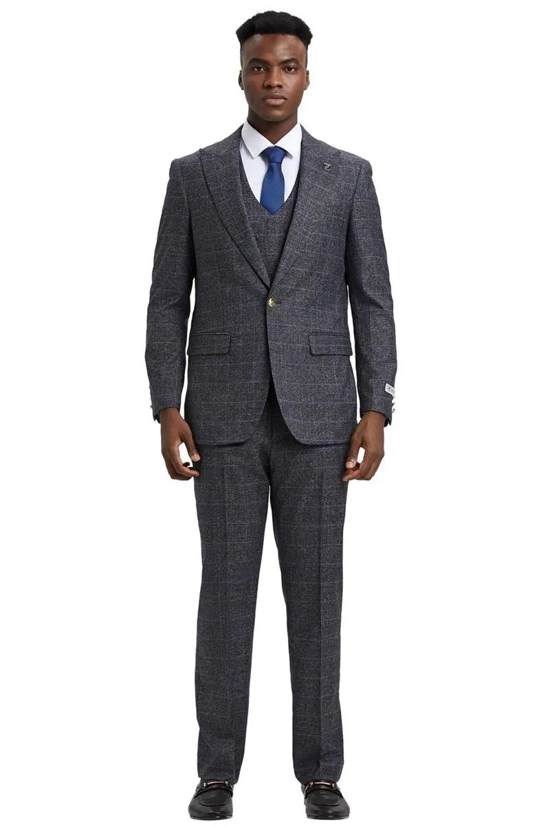 Men's Stacy Adams Peak Lapel Suit with Double Breasted Vest in Charcoal Grey Windowpane Plaid sold by Alberto Nardoni product image thumbnail 2
