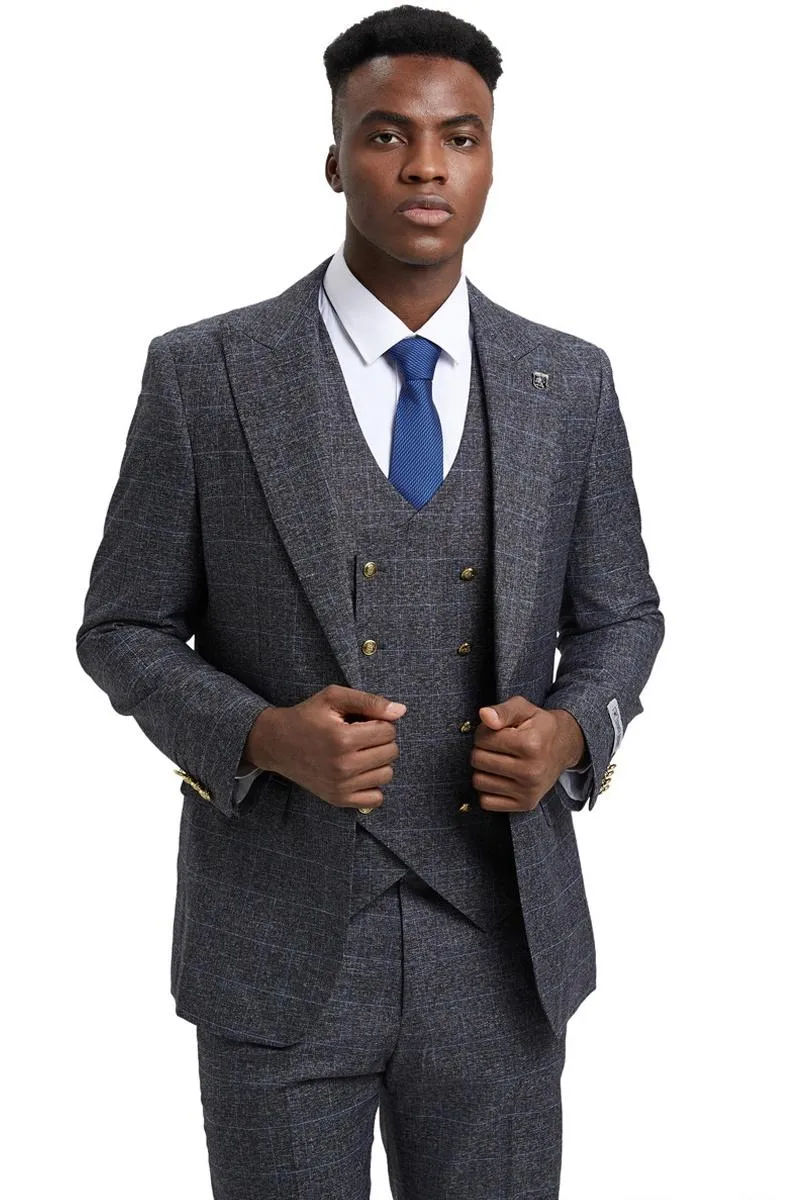 Men's Stacy Adams Peak Lapel Suit with Double Breasted Vest in Charcoal Grey Windowpane Plaid sold by Alberto Nardoni product image thumbnail 3