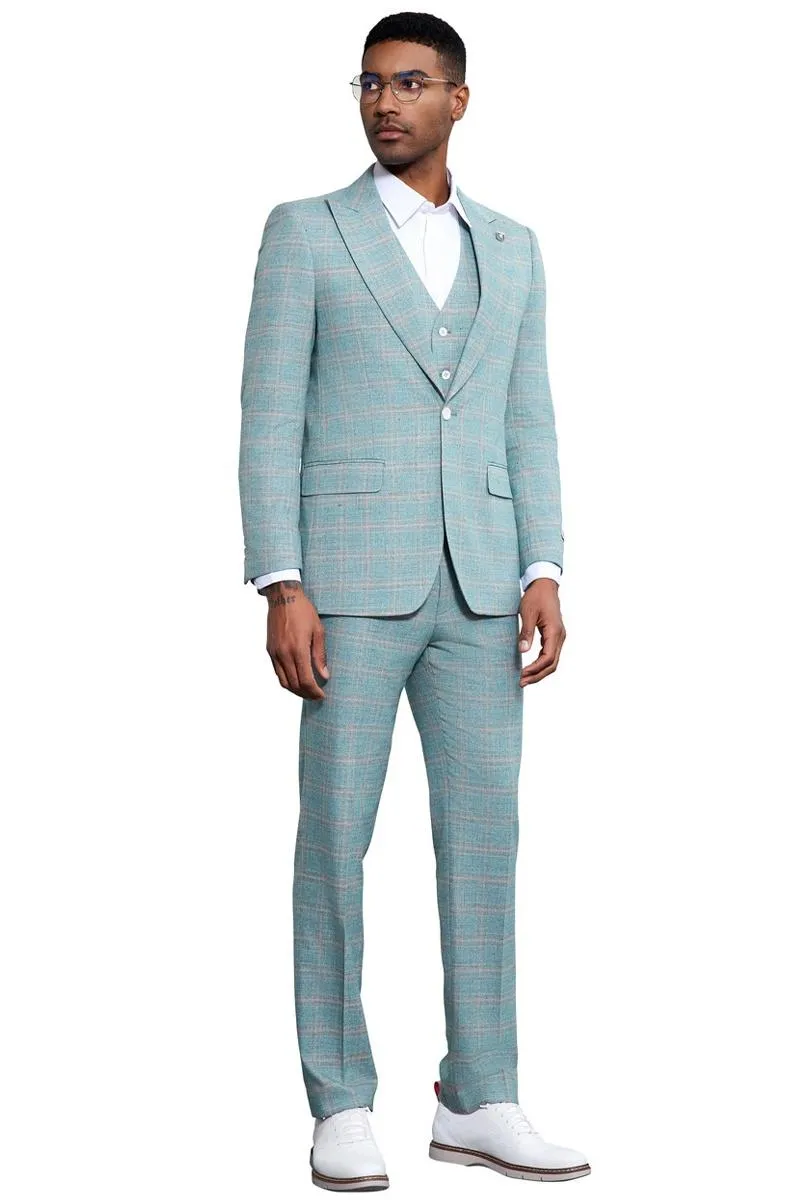 Men's Stacy Adams Vested Peak Lapel Light Turquoise Green Plaid Prom & Wedding Suit sold by Alberto Nardoni product image thumbnail 3