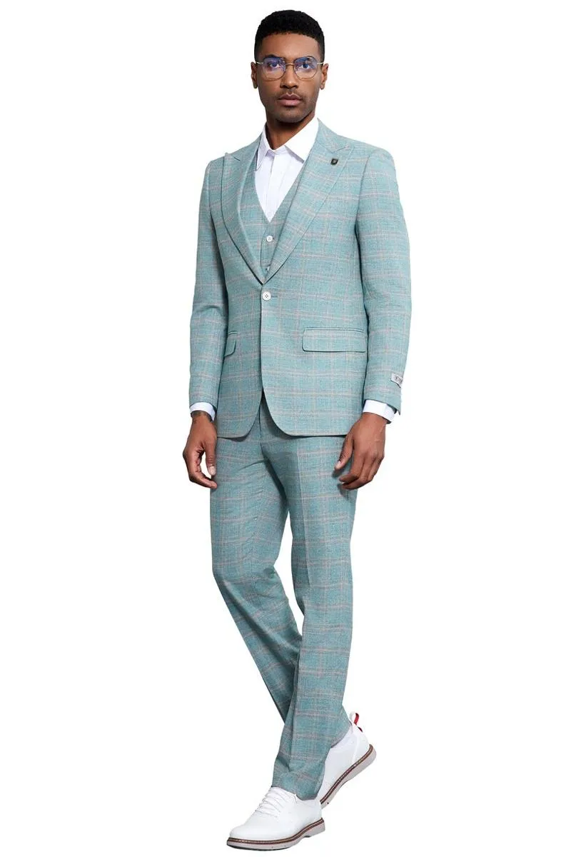 Men's Stacy Adams Vested Peak Lapel Light Turquoise Green Plaid Prom & Wedding Suit sold by Alberto Nardoni product image thumbnail 4
