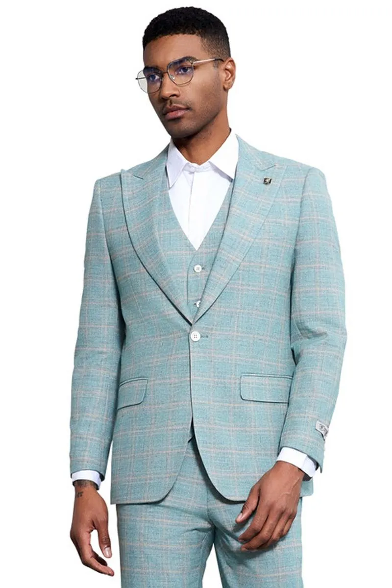 Men's Stacy Adams Vested Peak Lapel Light Turquoise Green Plaid Prom & Wedding Suit sold by Alberto Nardoni