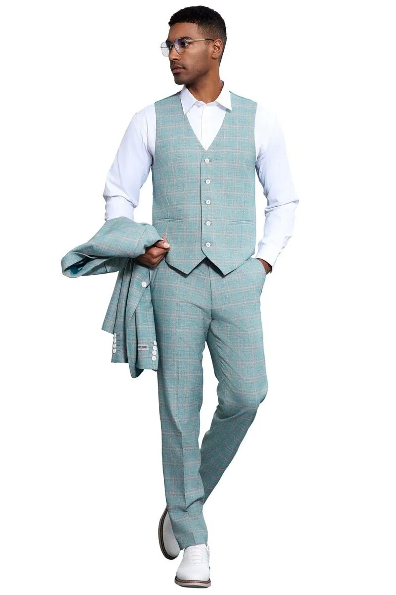 Men's Stacy Adams Vested Peak Lapel Light Turquoise Green Plaid Prom & Wedding Suit sold by Alberto Nardoni product image thumbnail 5